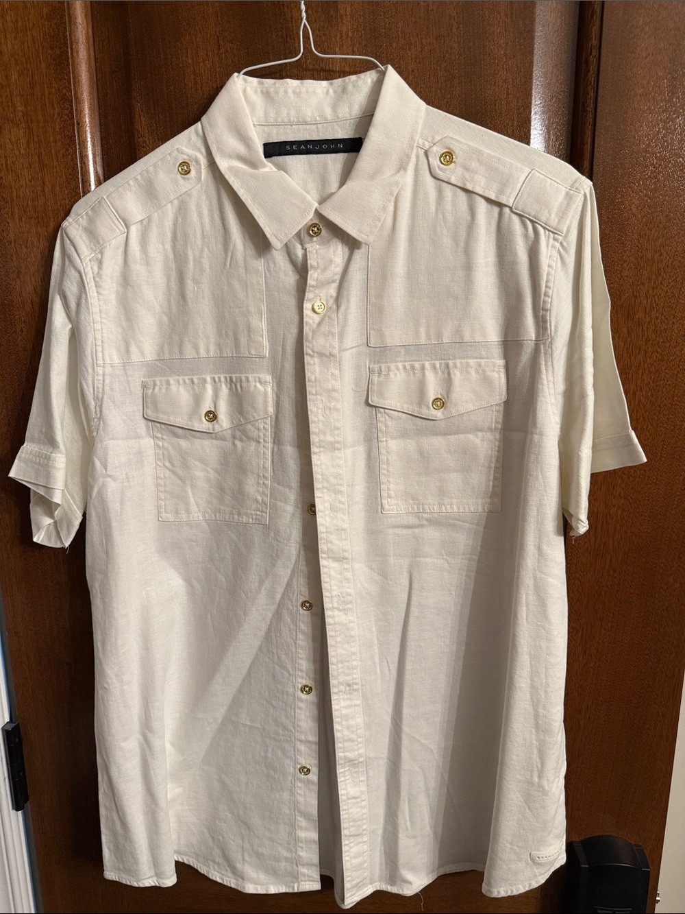 Sean John Men's Short-Sleeve Utility Shirt in Cream Linen, laundered